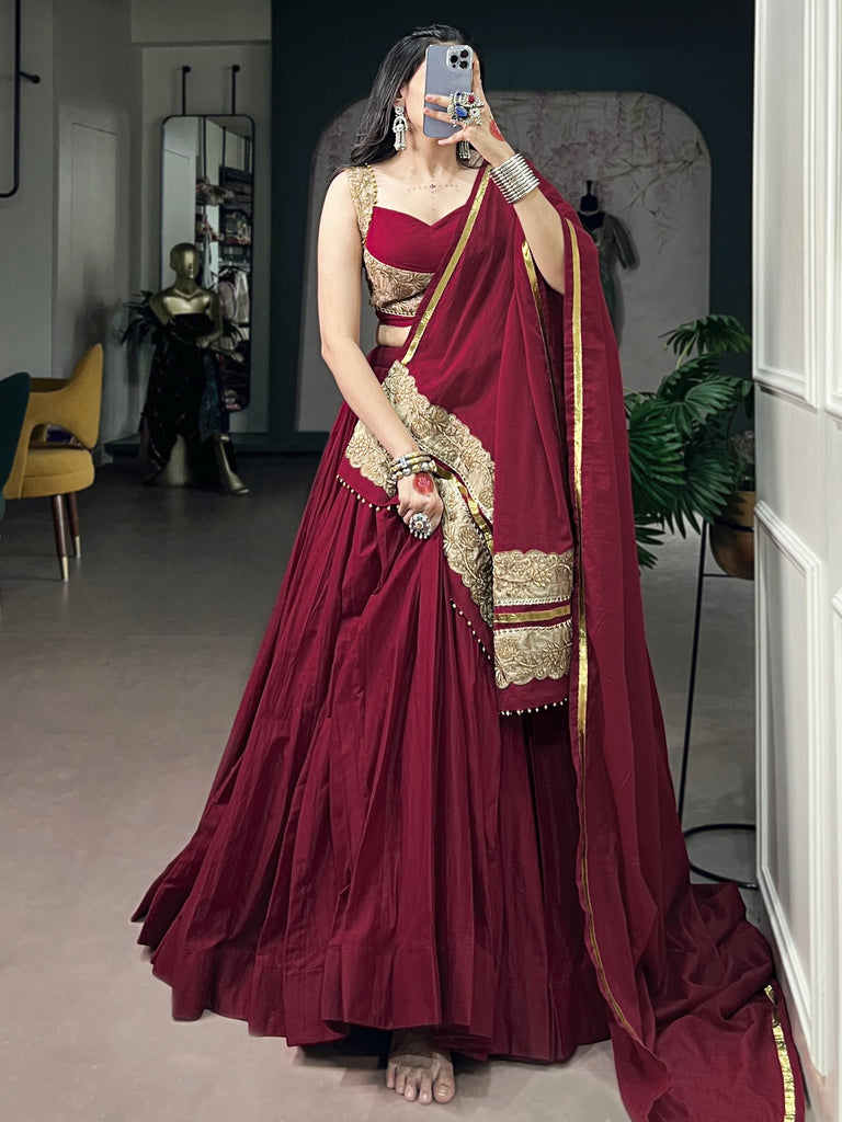 Notable Maroon Cotton Navratri Lehenga Choli With Embroidered Dupatta