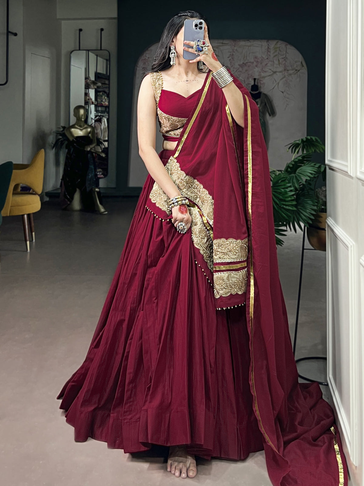 Notable Maroon Cotton Navratri Lehenga Choli With Embroidered Dupatta