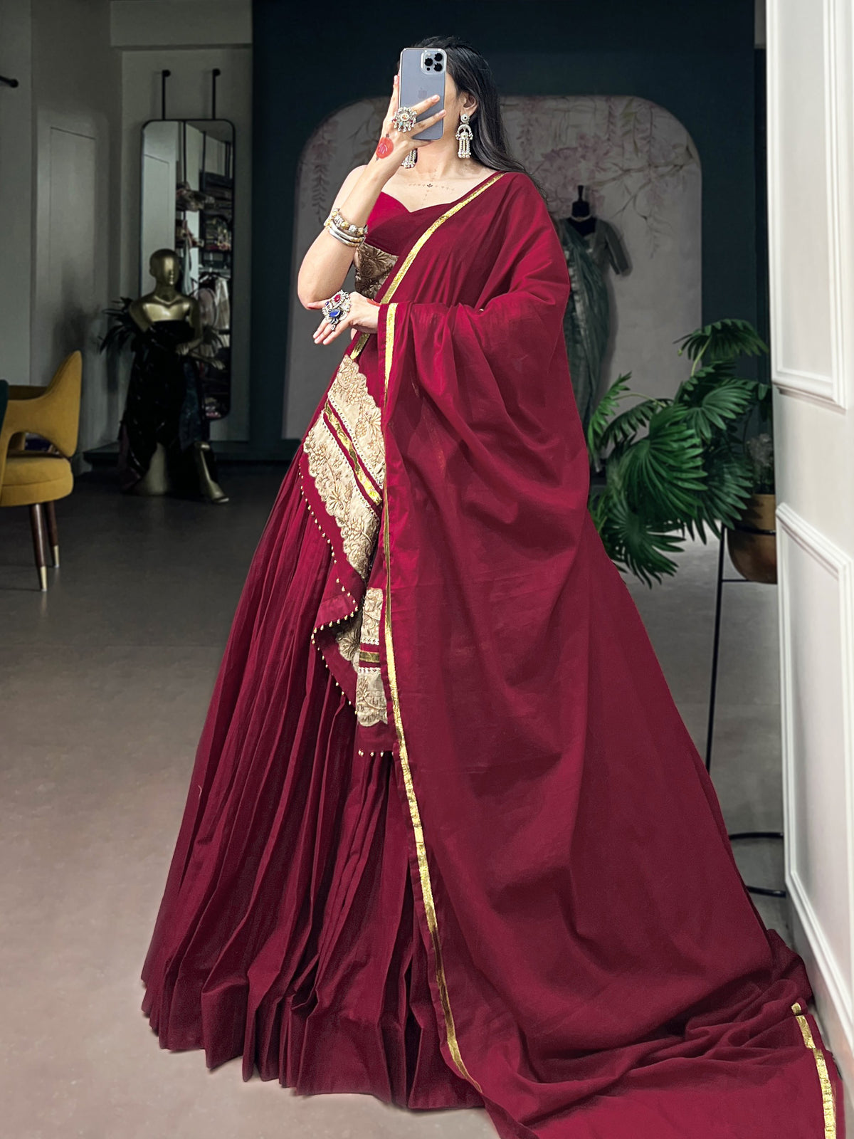 Notable Maroon Cotton Navratri Lehenga Choli With Embroidered Dupatta