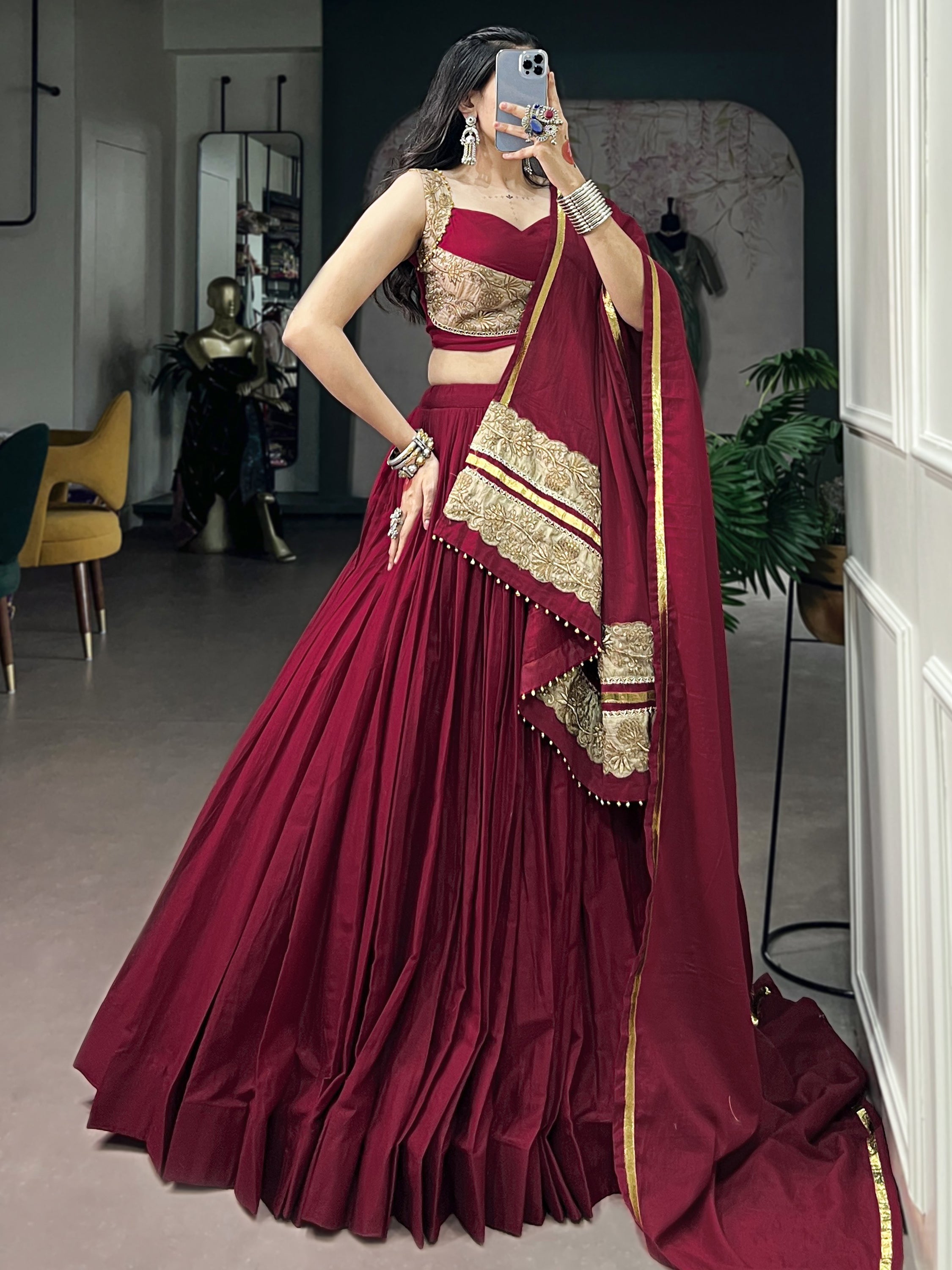 Notable Maroon Cotton Navratri Lehenga Choli With Embroidered Dupatta