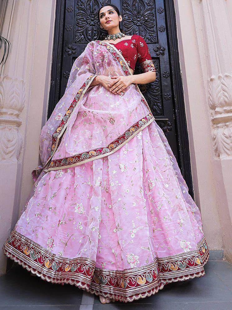 Light Pink Floral Embroidered Orangza Wedding Wear Lehenga Choli