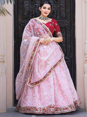 Light Pink Floral Embroidered Orangza Wedding Wear Lehenga Choli
