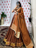 Adorning Brown Zari Weaving Chanderi Navratri Wear Lehenga Choli