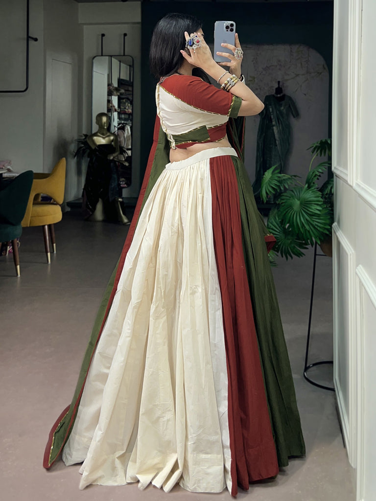 Elegant Green Gamthi Work Cotton Navratri Wear Lehenga Choli With Dupatta