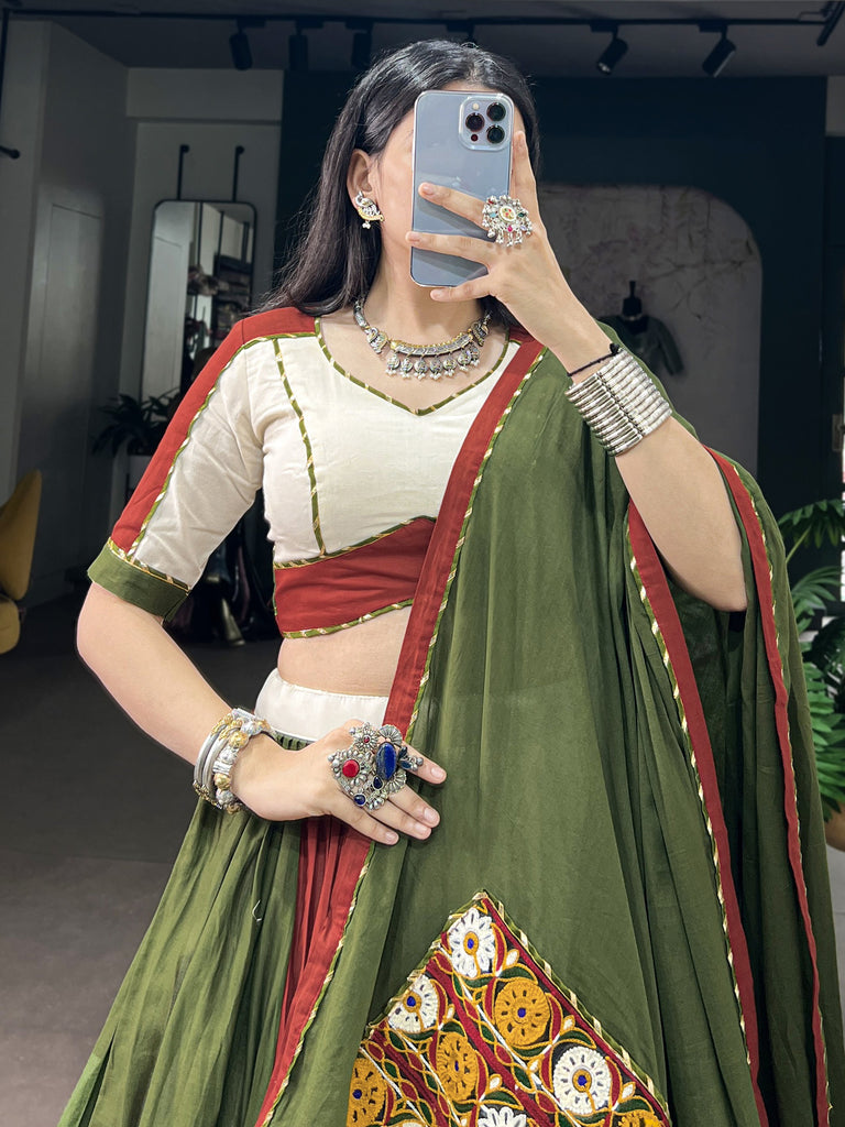 Elegant Olive Green Gamthi Work Cotton Navratri Wear Lehenga Choli