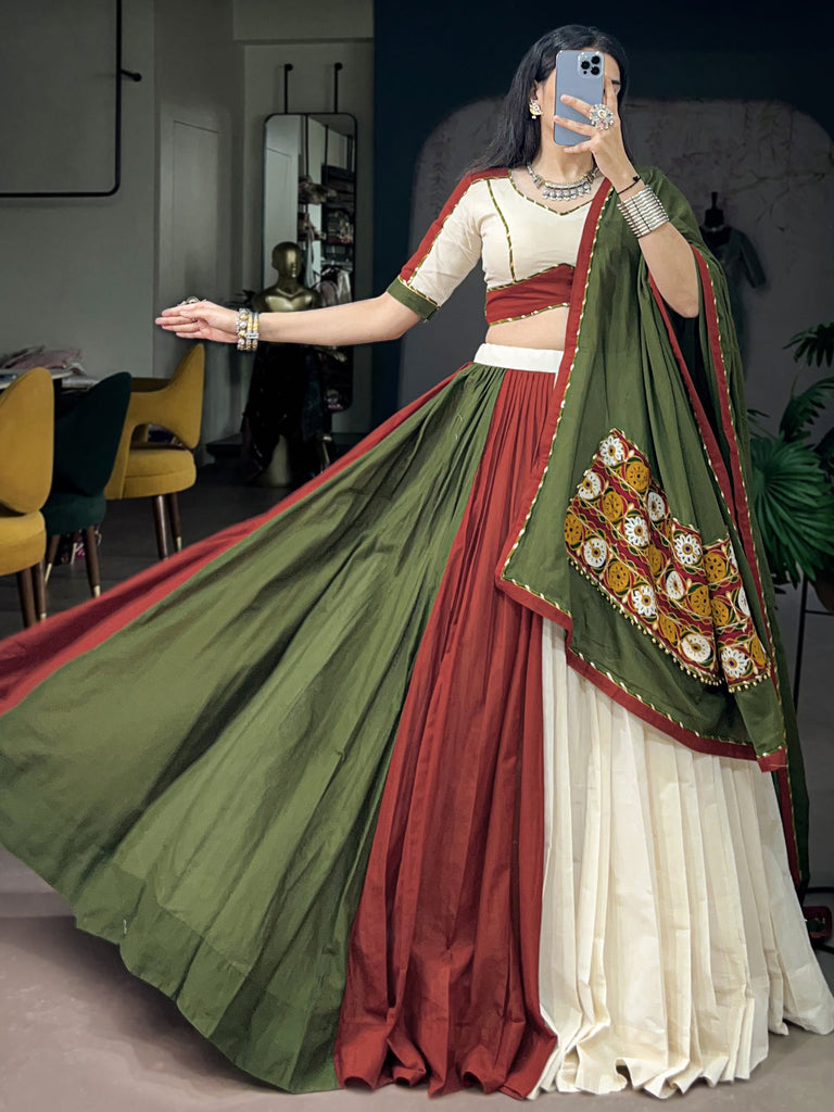 Elegant Green Gamthi Work Cotton Navratri Wear Lehenga Choli With Dupatta