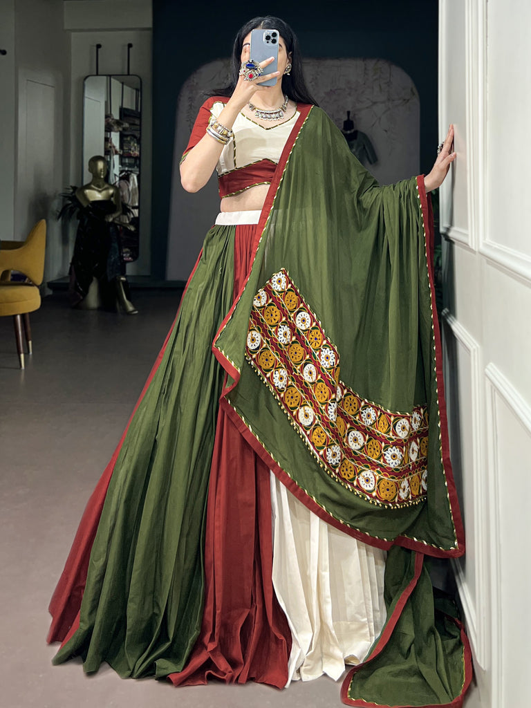 Elegant Olive Green Gamthi Work Cotton Navratri Wear Lehenga Choli