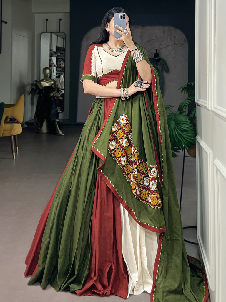 Elegant Green Gamthi Work Cotton Navratri Wear Lehenga Choli With Dupatta