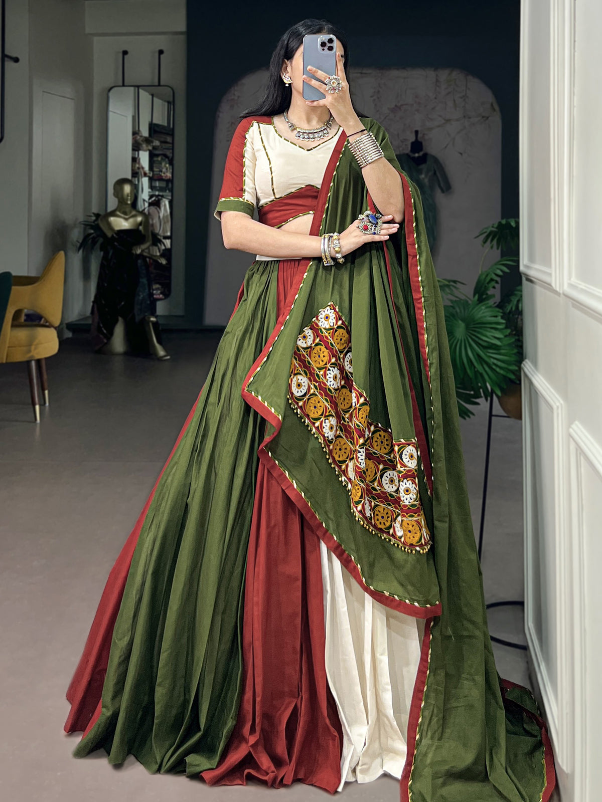 Elegant Green Gamthi Work Cotton Navratri Wear Lehenga Choli With Dupatta