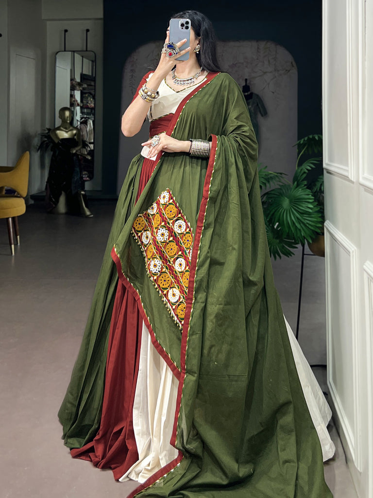 Elegant Green Gamthi Work Cotton Navratri Wear Lehenga Choli With Dupatta