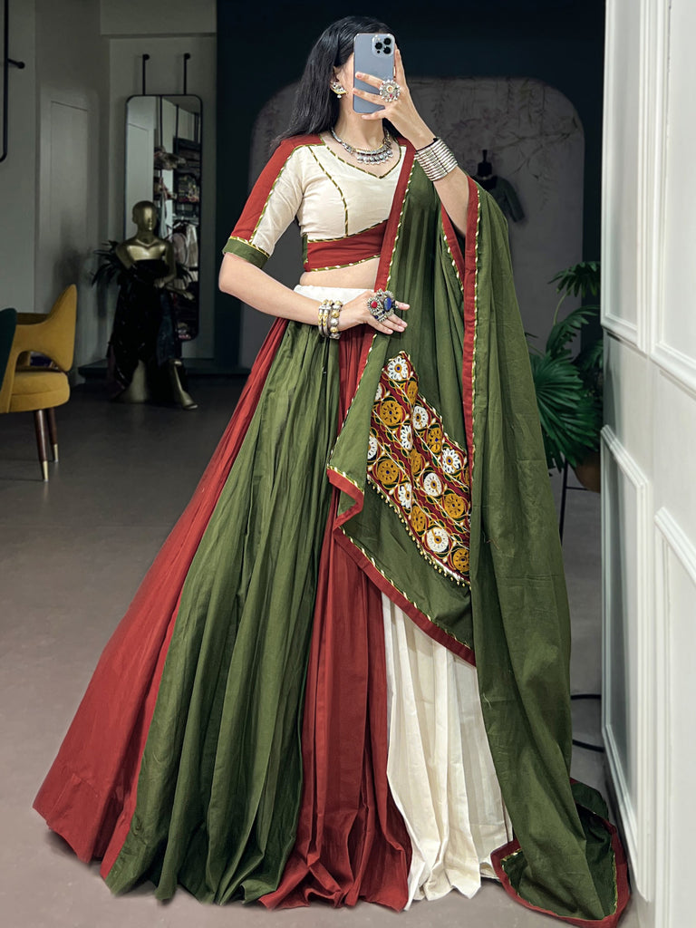 Elegant Green Gamthi Work Cotton Navratri Wear Lehenga Choli With Dupatta