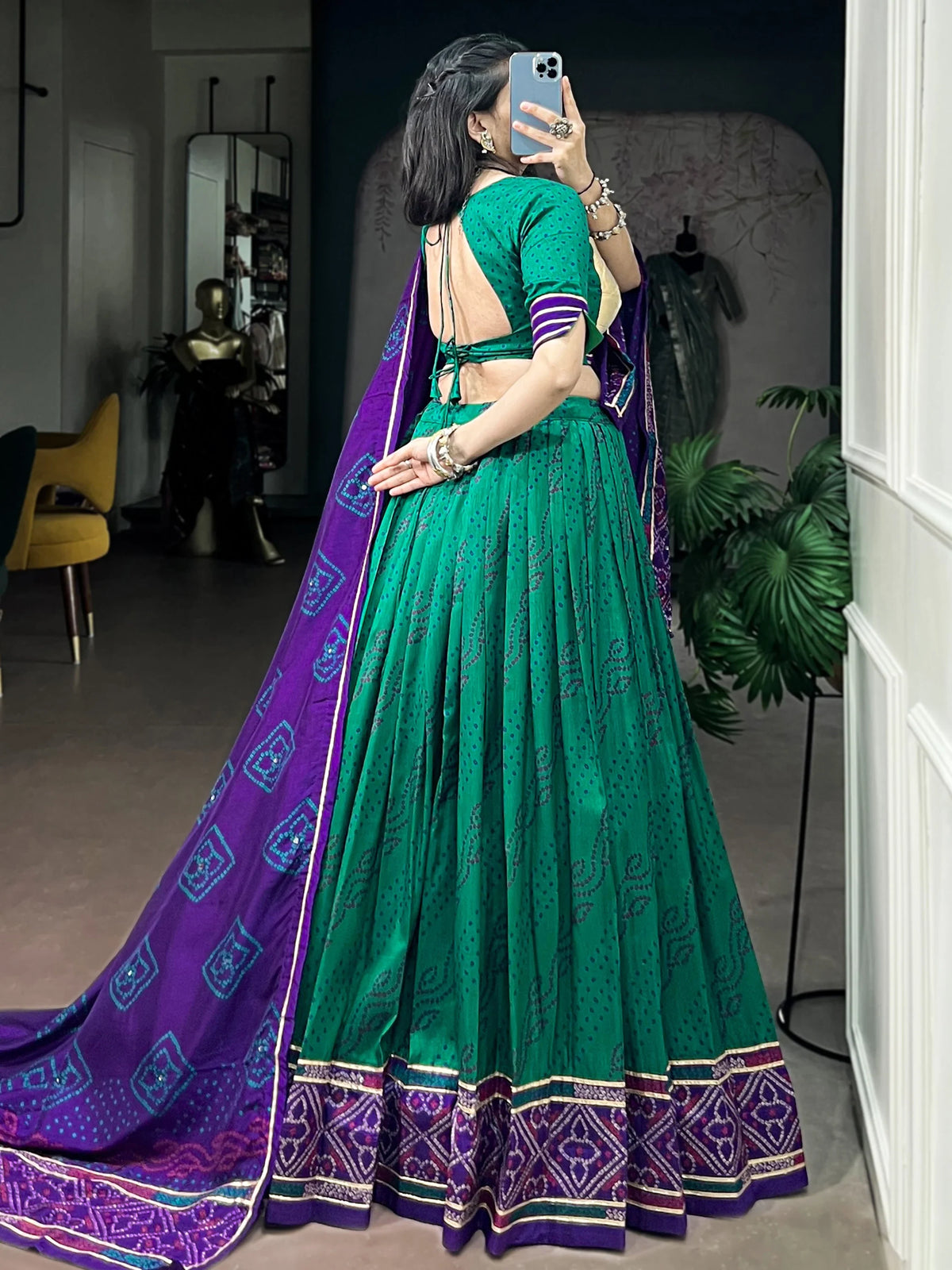 Delightful Teal Green Bandhej Print Silk Navratri Wear Lehenga Choli
