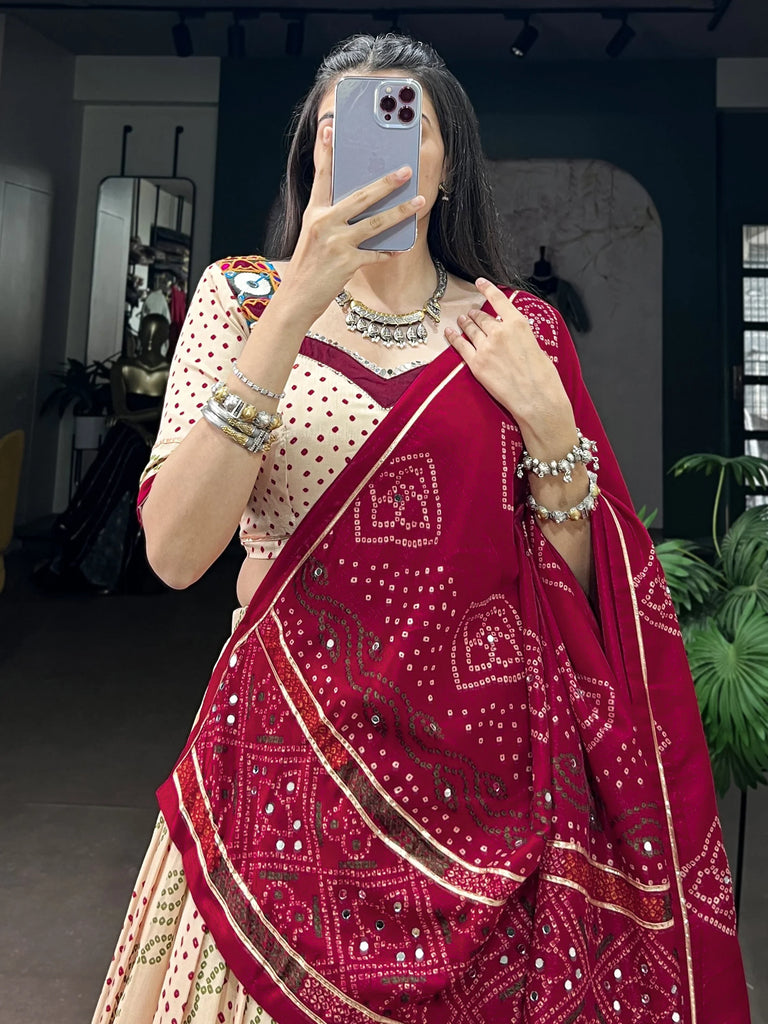 Splendid Cream Bandhej Print Navratri Wear Lehenga Choli With Dupatta