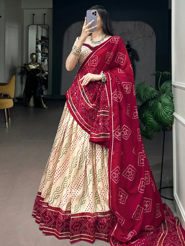 Splendid Cream Bandhej Print Navratri Wear Lehenga Choli With Dupatta