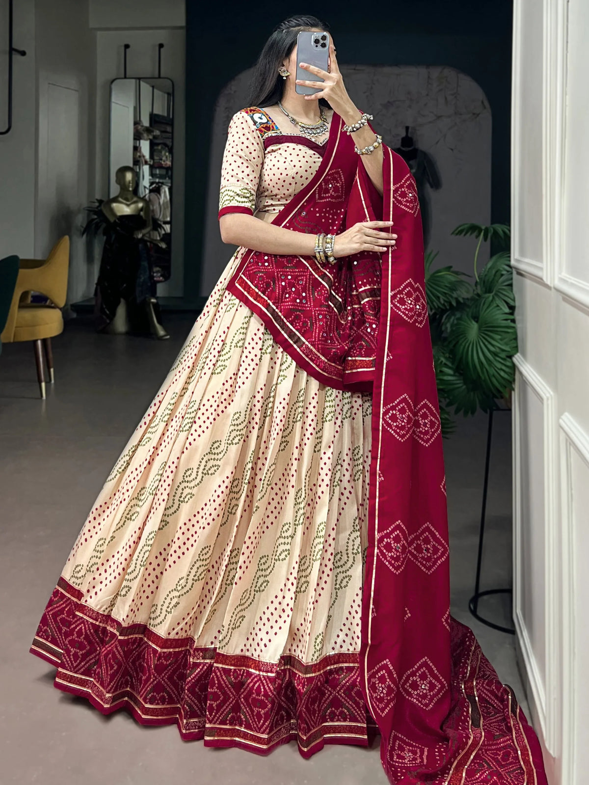 Splendid Cream Bandhej Print Navratri Wear Lehenga Choli With Dupatta