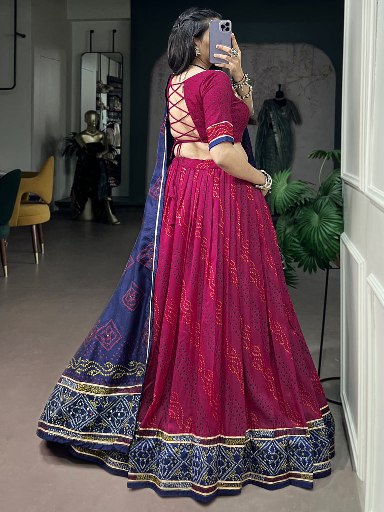 Striking Pink Bandhej Print Silk Navratri Wear Lehenga With Blouse