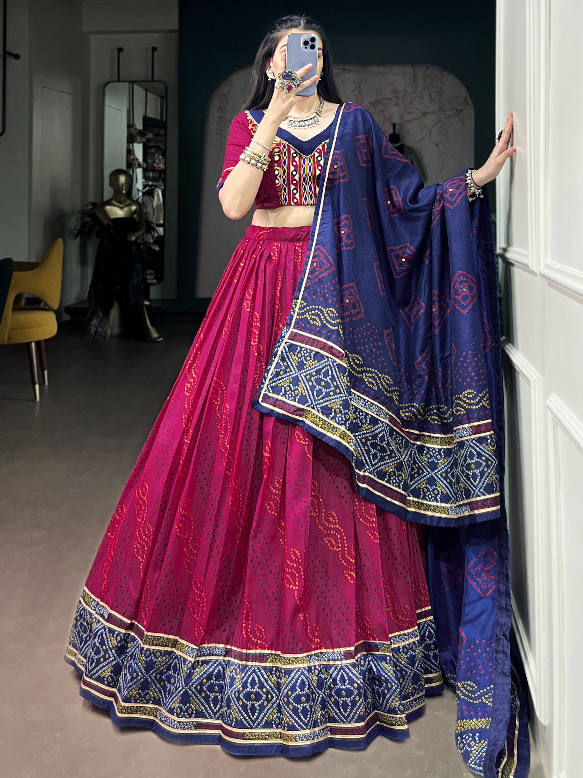 Striking Pink Bandhej Print Silk Navratri Wear Lehenga With Blouse