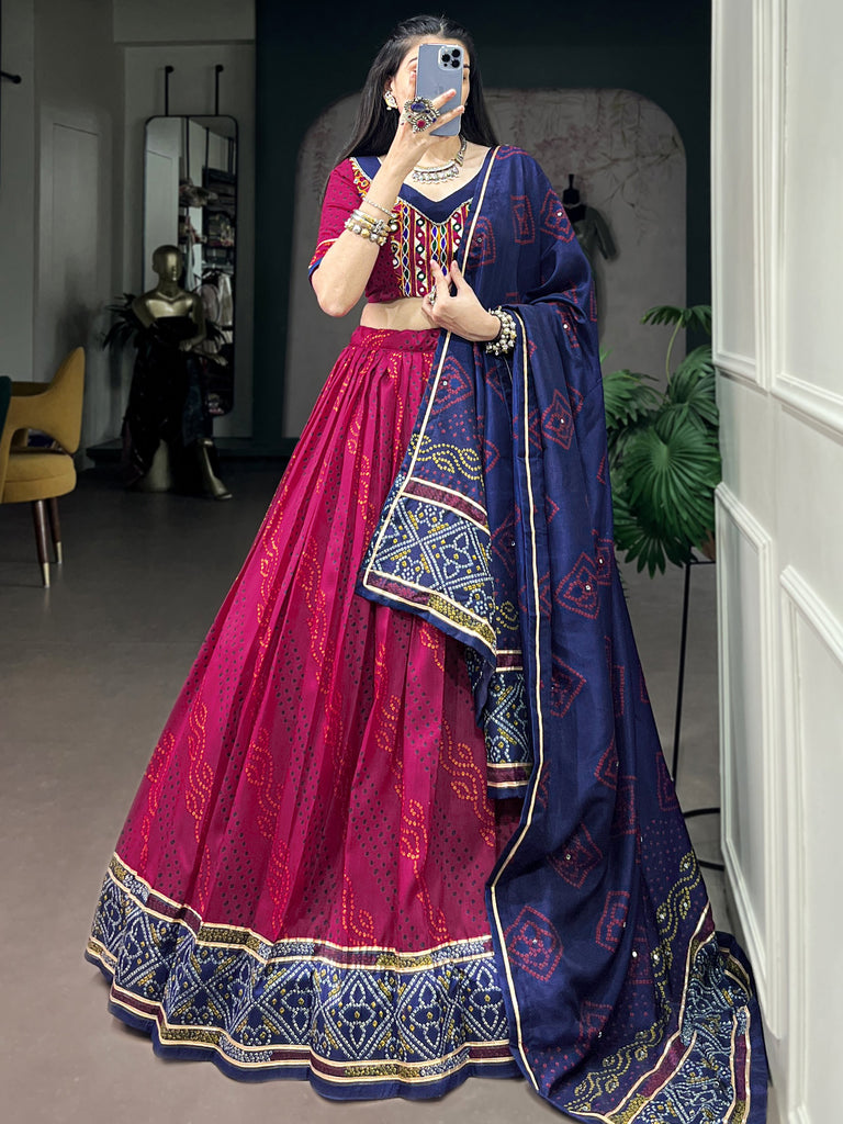 Striking Pink Bandhej Print Silk Navratri Wear Lehenga With Blouse