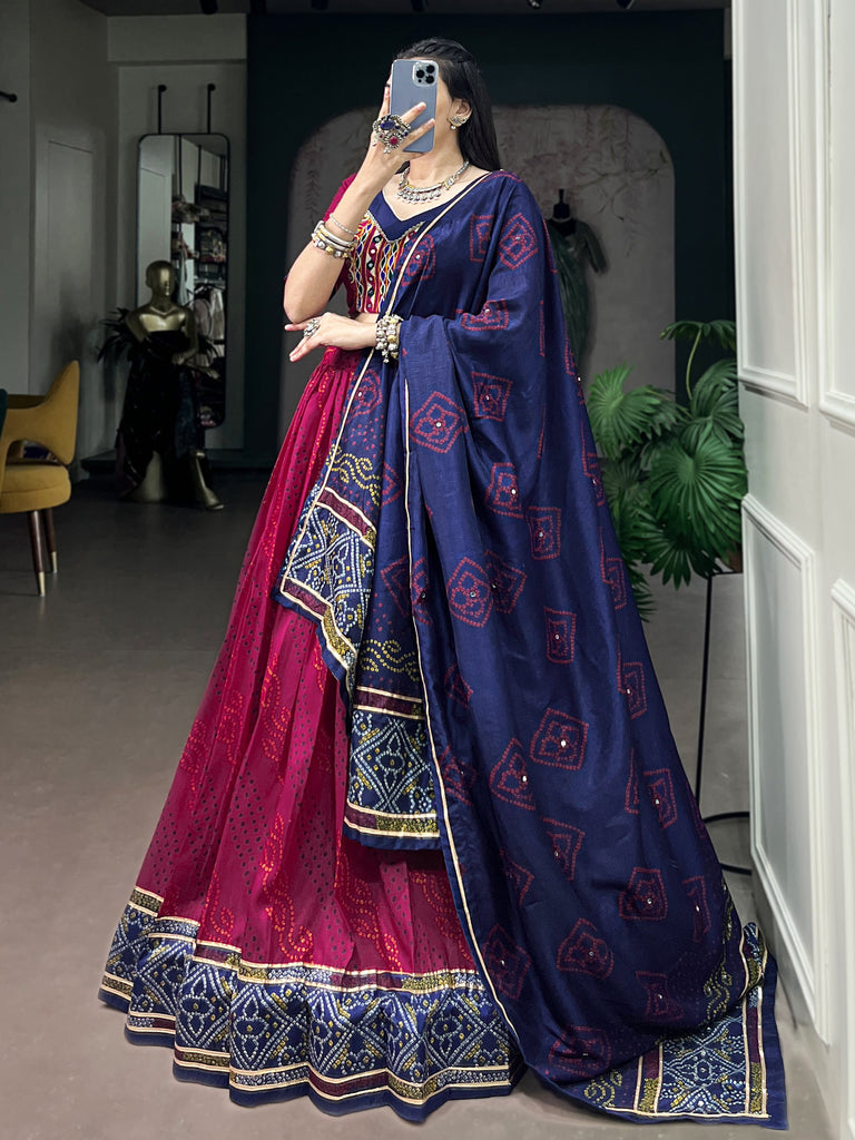 Striking Pink Bandhej Print Silk Navratri Wear Lehenga With Blouse