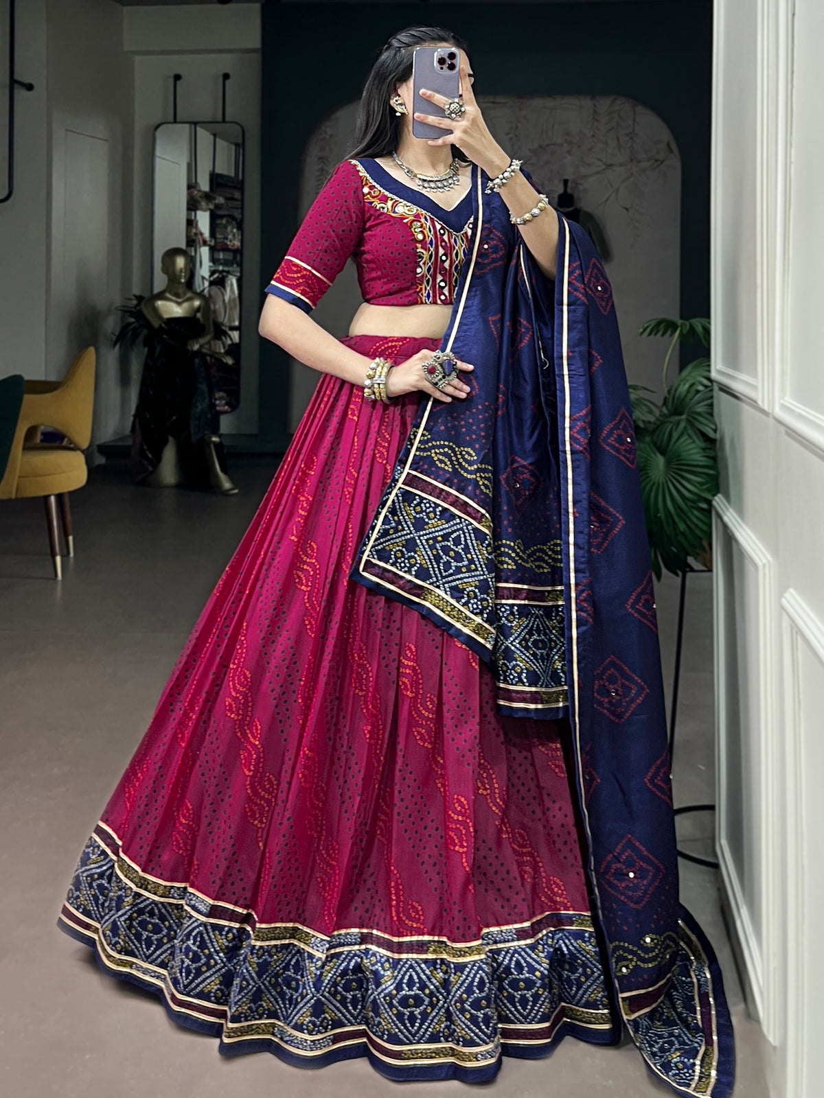 Striking Pink Bandhej Print Silk Navratri Wear Lehenga With Blouse