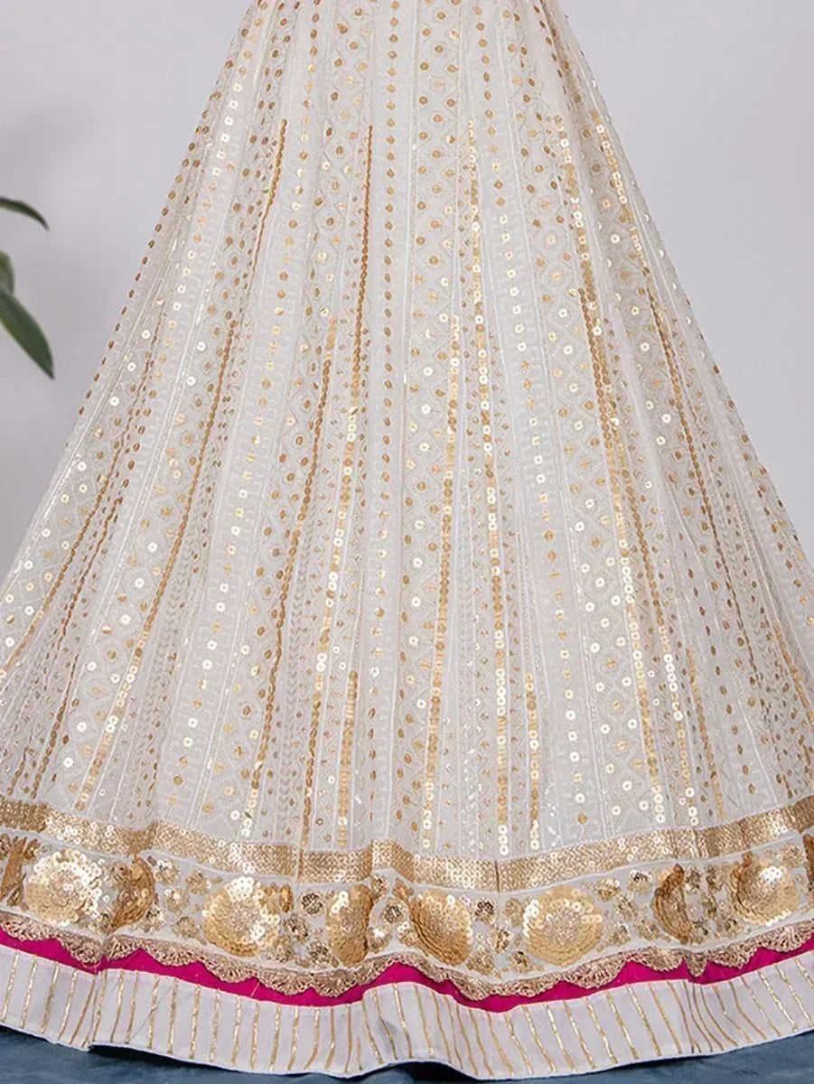 White lehenga with gold sequin embroidery and pink border, Indian ethnic wear