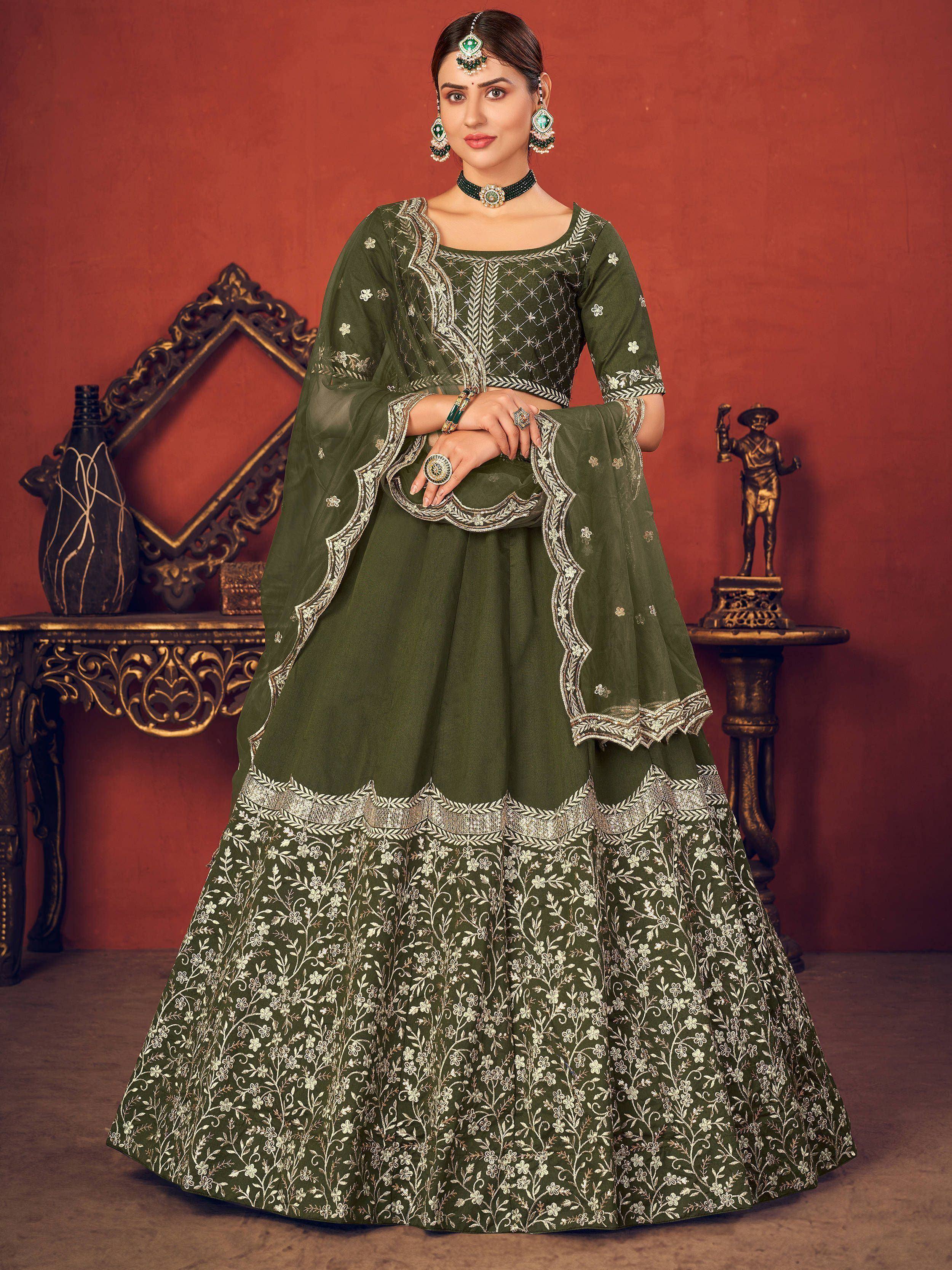 Elegant olive green lehenga choli with intricate floral embroidery and golden detailing, perfect for ethnic occasions.