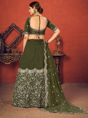 Olive Green Thread Embroidered Art Silk Party Wear Lehenga Choli