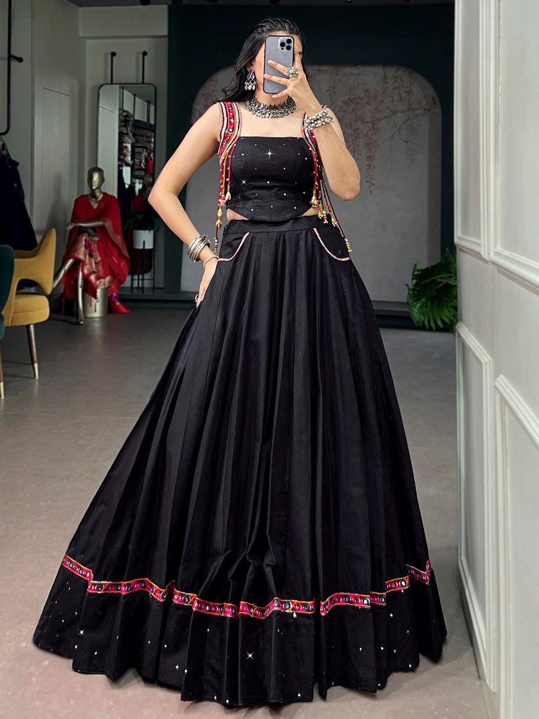 Bewitching Black Mirror Work Cotton Navratri Wear Crop Top Lehenga