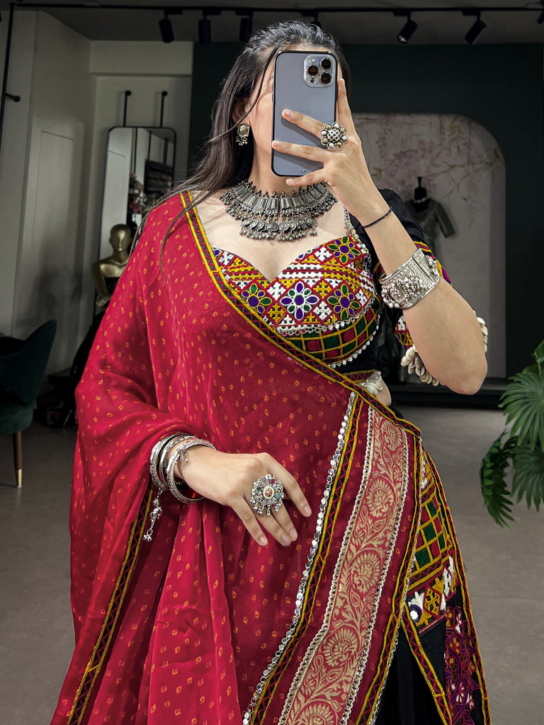 Aesthetic Black Kutchi Embroidered Rayon Navratri Wear Lehenga Choli
