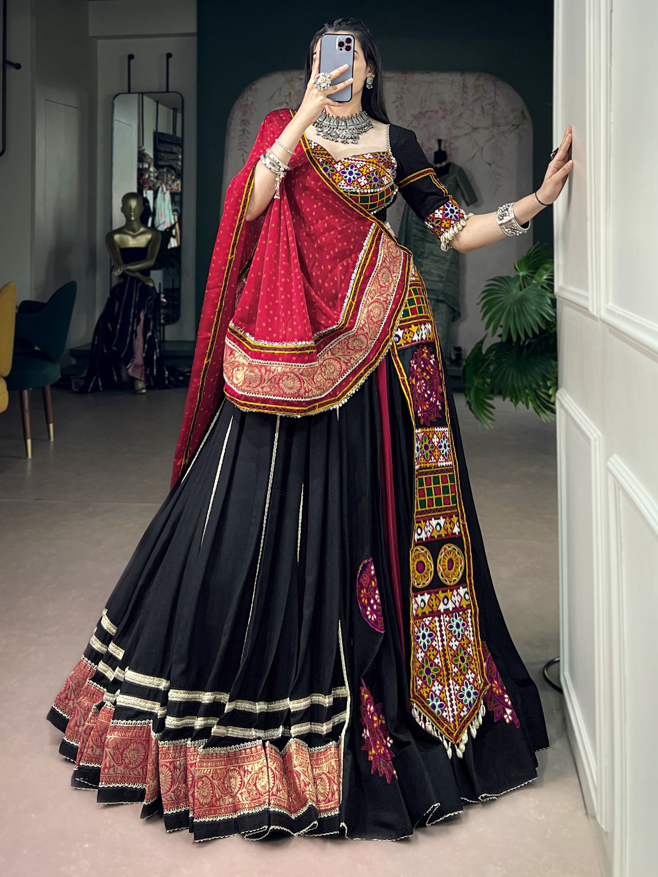 Aesthetic Black Kutchi Embroidered Rayon Navratri Wear Lehenga Choli