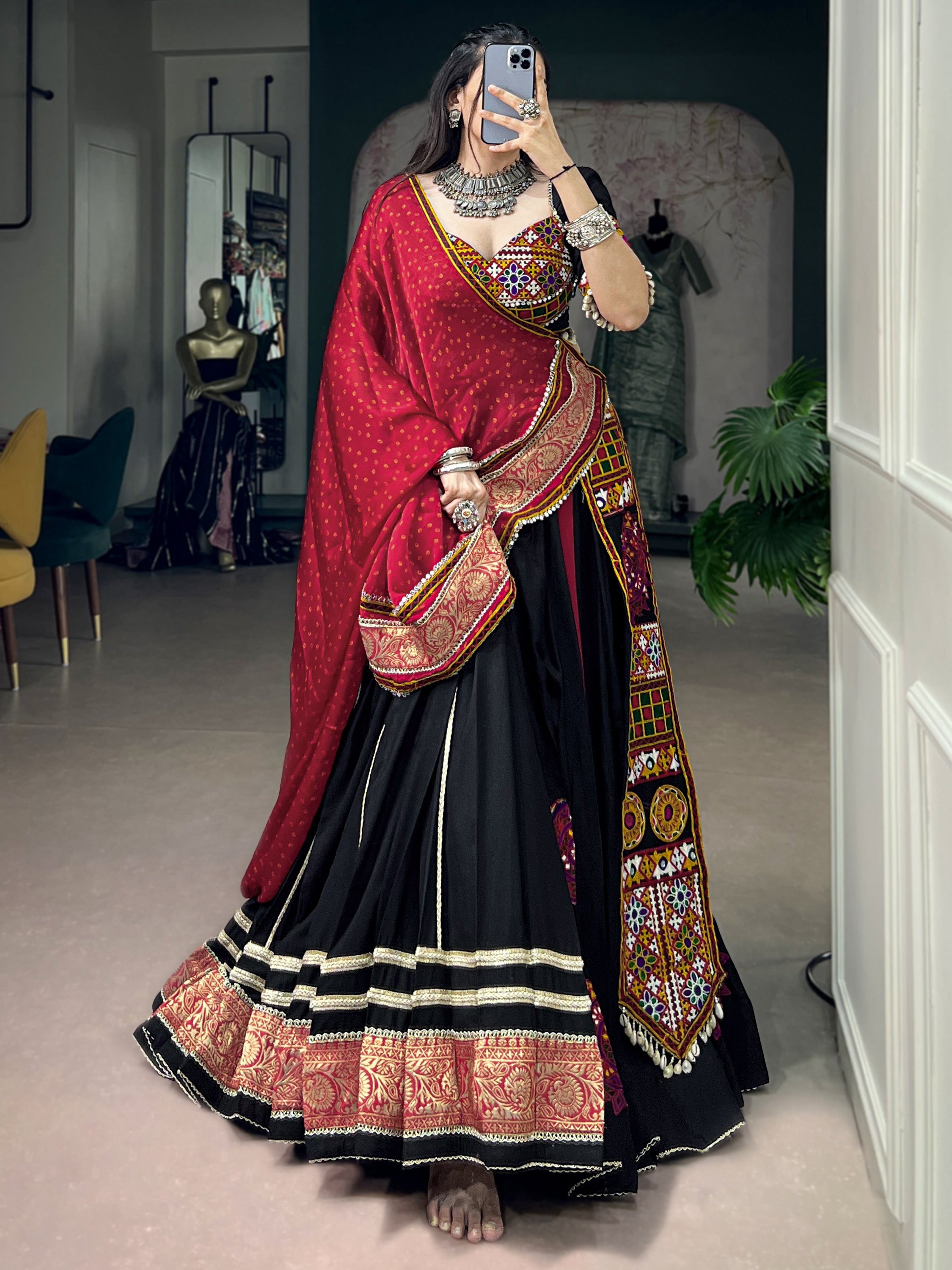 Aesthetic Black Kutchi Embroidered Rayon Navratri Wear Lehenga Choli