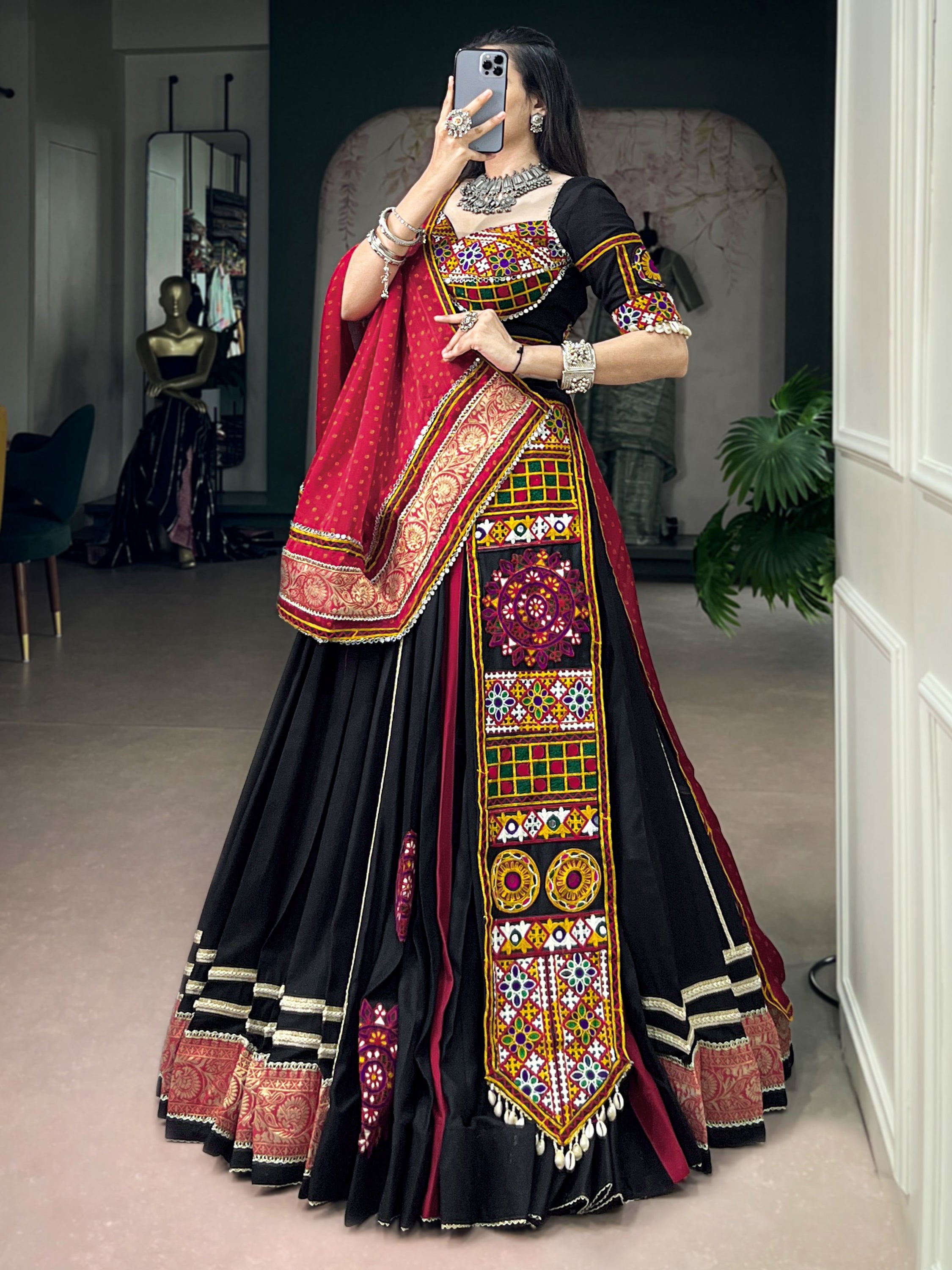 Aesthetic Black Kutchi Embroidered Rayon Navratri Wear Lehenga Choli