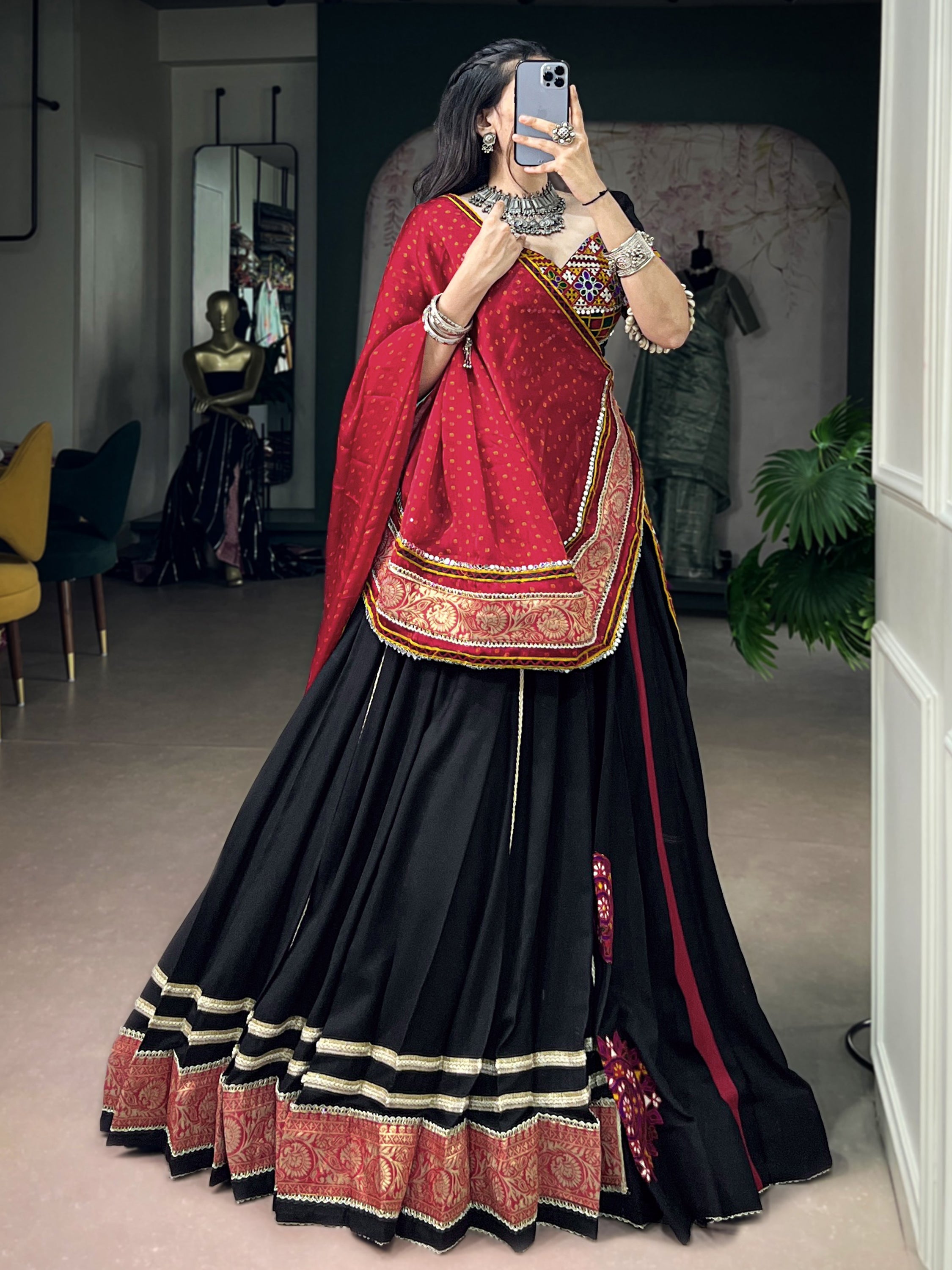 Aesthetic Black Kutchi Embroidered Rayon Navratri Wear Lehenga Choli