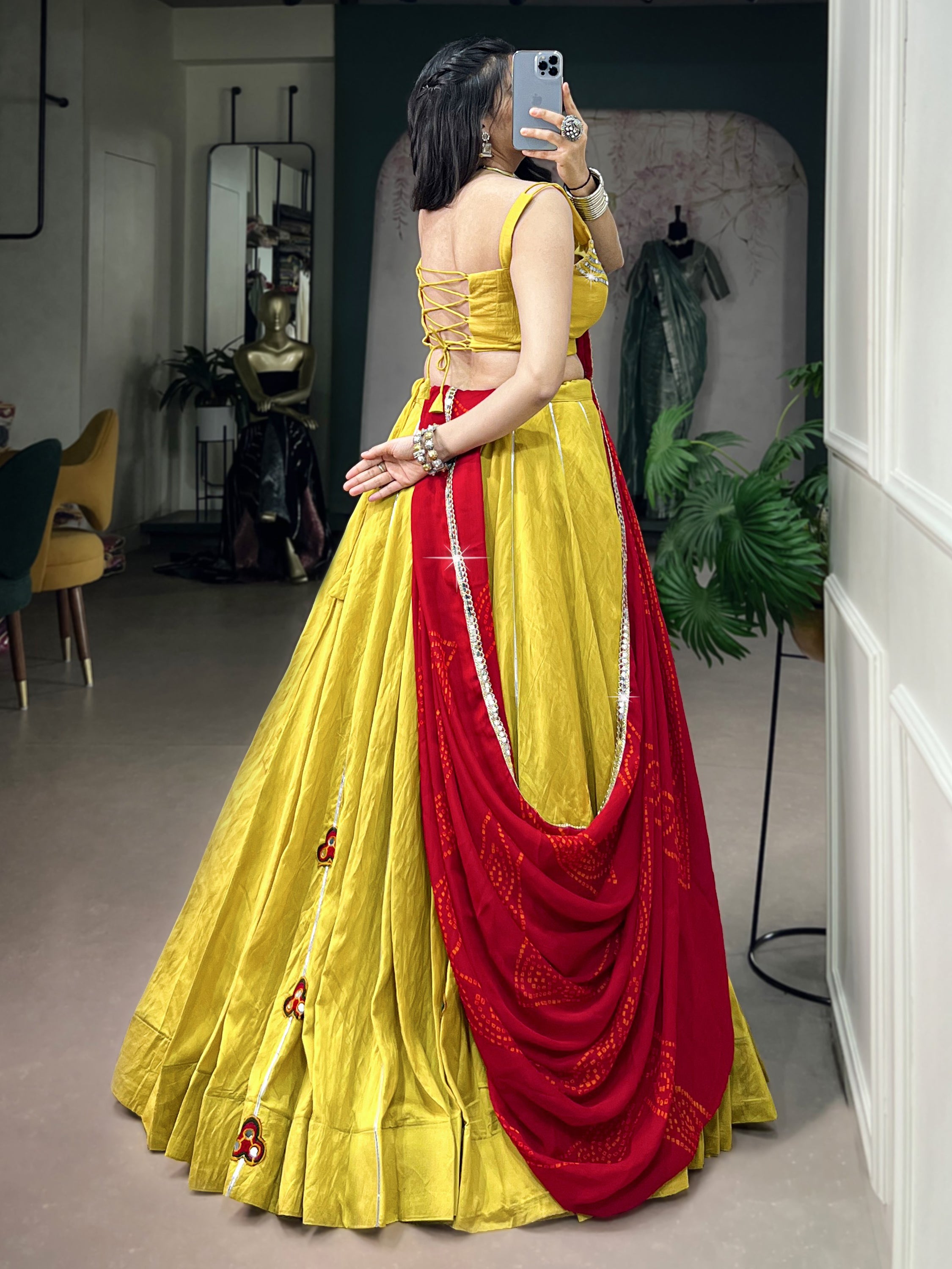 Wonderful Yellow Gamthi Patch Work Navratri Wear Lehenga With Blouse