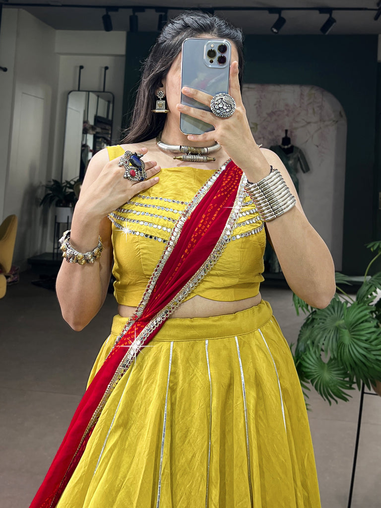 Wonderful Yellow Gamthi Patch Work Navratri Wear Lehenga With Blouse