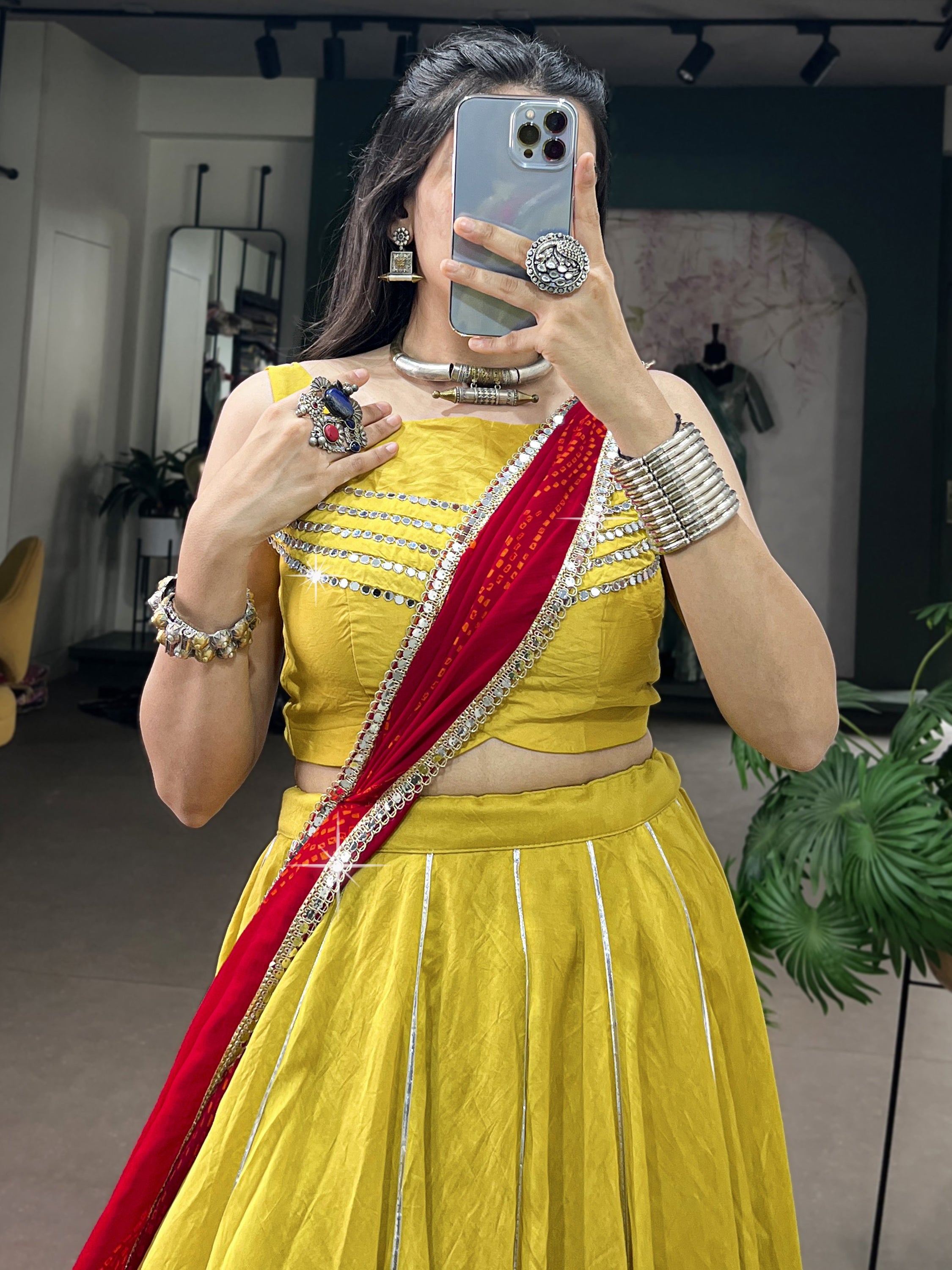 Wonderful Yellow Gamthi Patch Work Navratri Wear Lehenga With Blouse