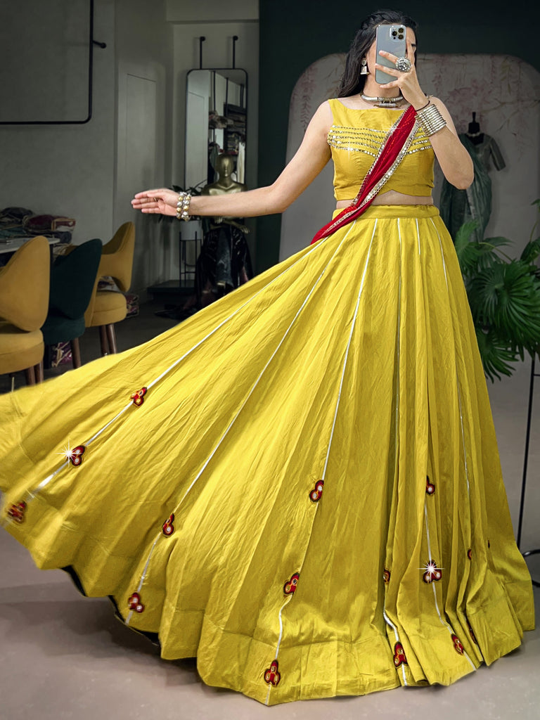 Wonderful Yellow Gamthi Patch Work Navratri Wear Lehenga With Blouse