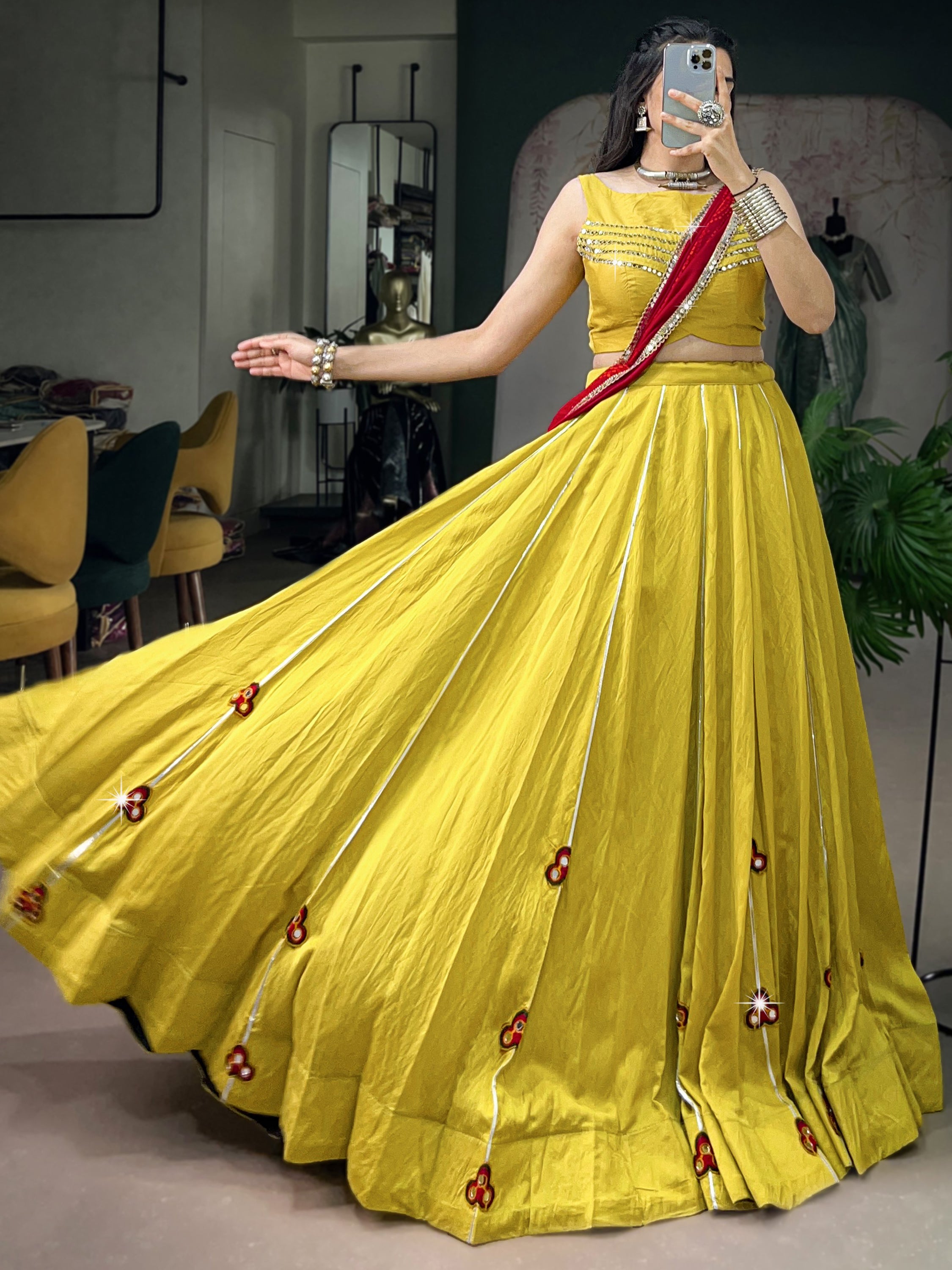 Wonderful Yellow Gamthi Patch Work Navratri Wear Lehenga With Blouse