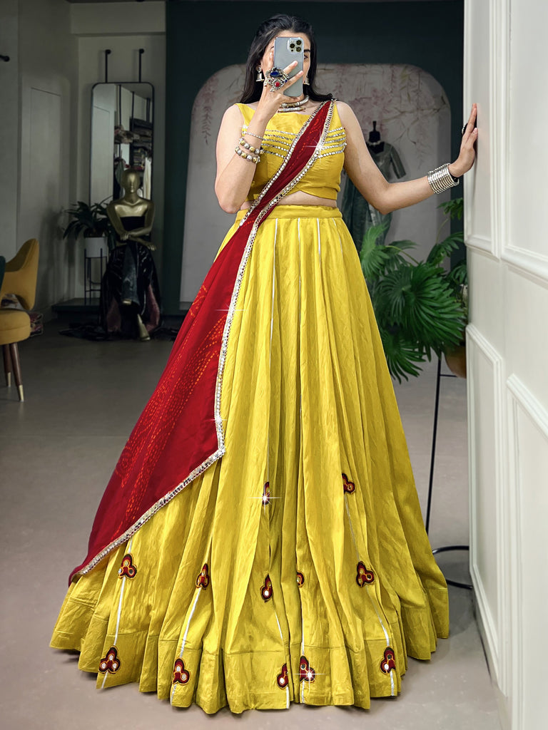 Wonderful Yellow Gamthi Patch Work Navratri Wear Lehenga With Blouse