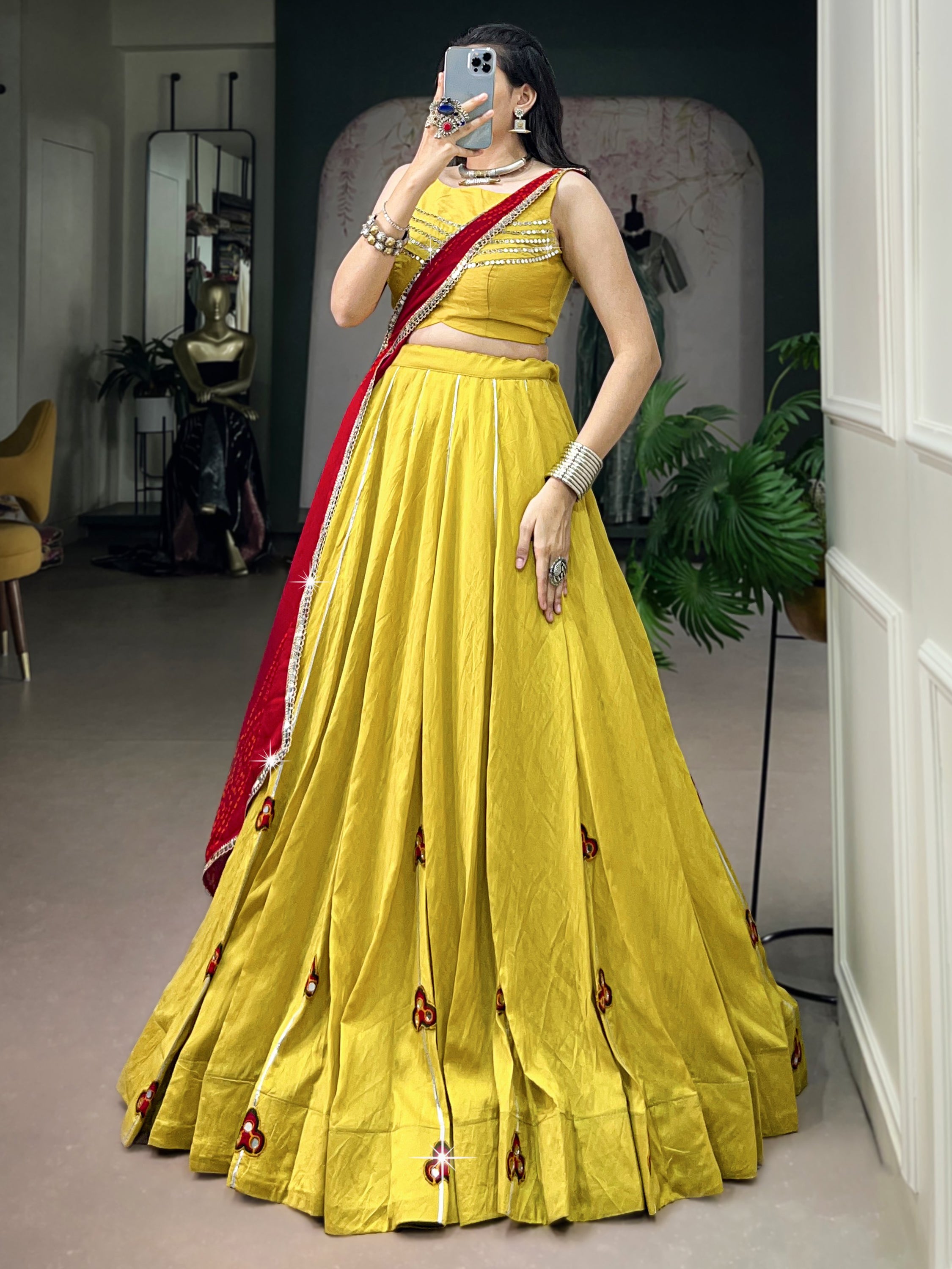 Wonderful Yellow Gamthi Patch Work Navratri Wear Lehenga With Blouse