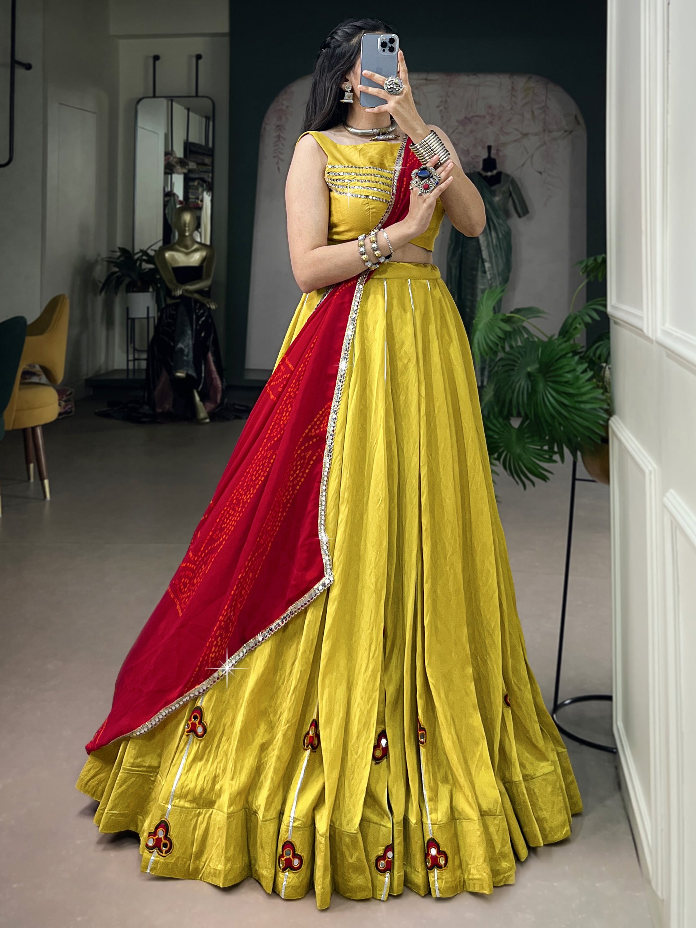 Wonderful Yellow Gamthi Patch Work Navratri Wear Lehenga With Blouse