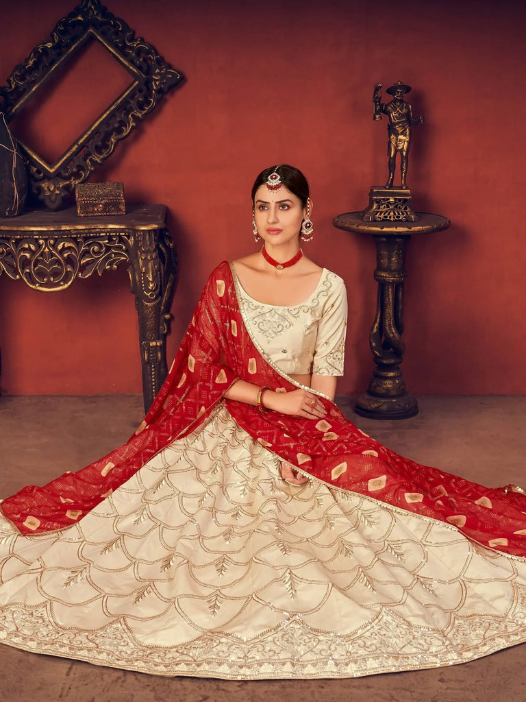 Beige Thread Embroidered Art Silk Party Wear Lehenga Choli