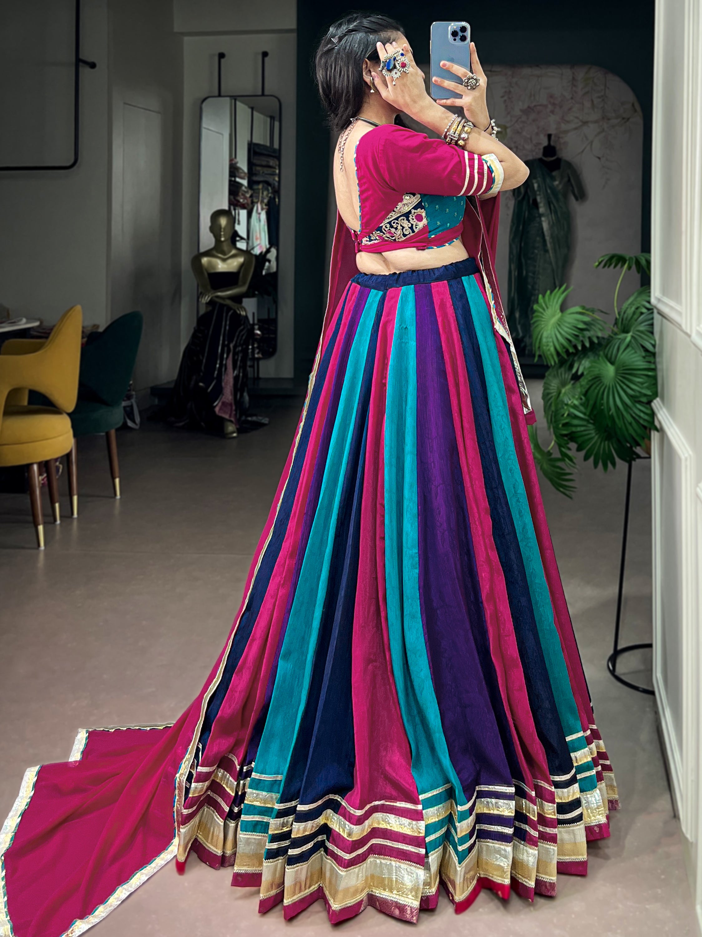 Alluring Multi Color Gota Laced Chinon Navratri Wear Lehenga Choli