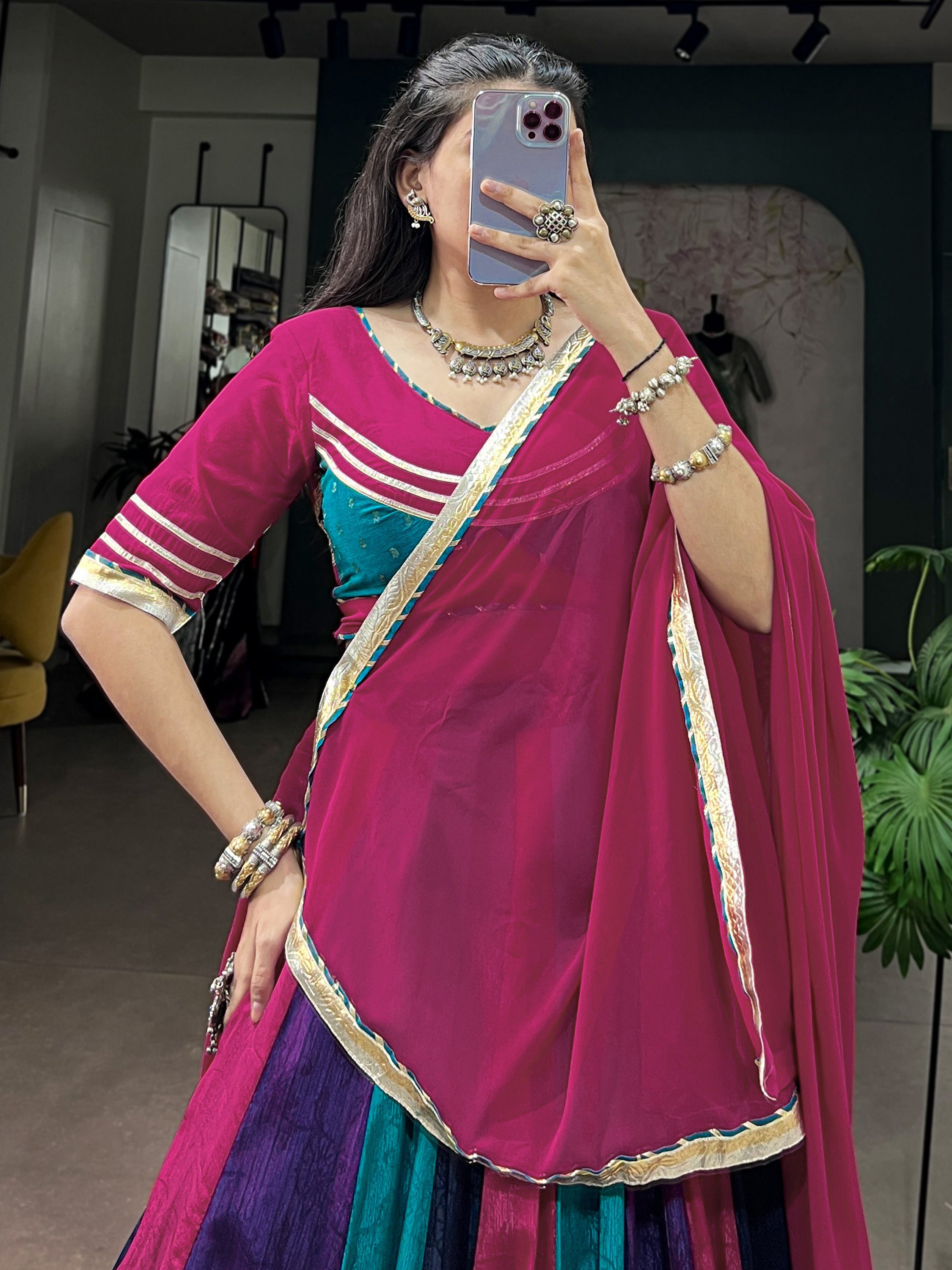 Alluring Multi Color Gota Laced Chinon Navratri Wear Lehenga Choli