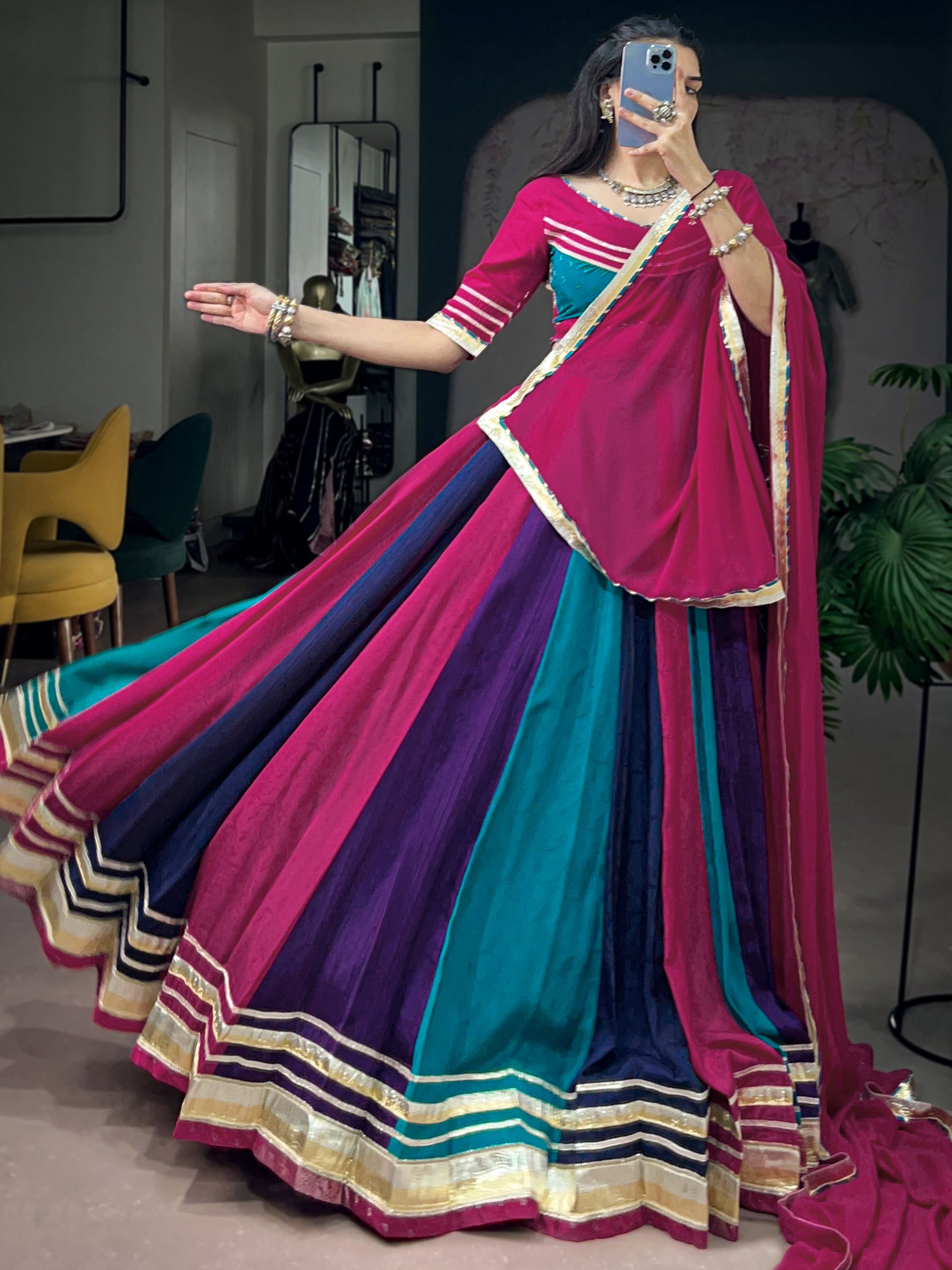 Alluring Multi Color Gota Laced Chinon Navratri Wear Lehenga Choli