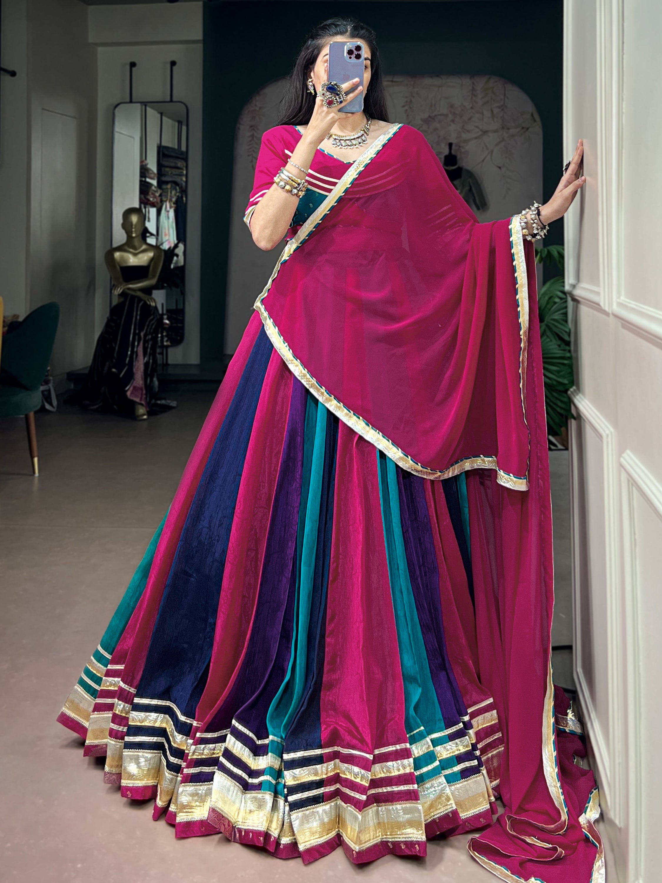 Alluring Multi Color Gota Laced Chinon Navratri Wear Lehenga Choli