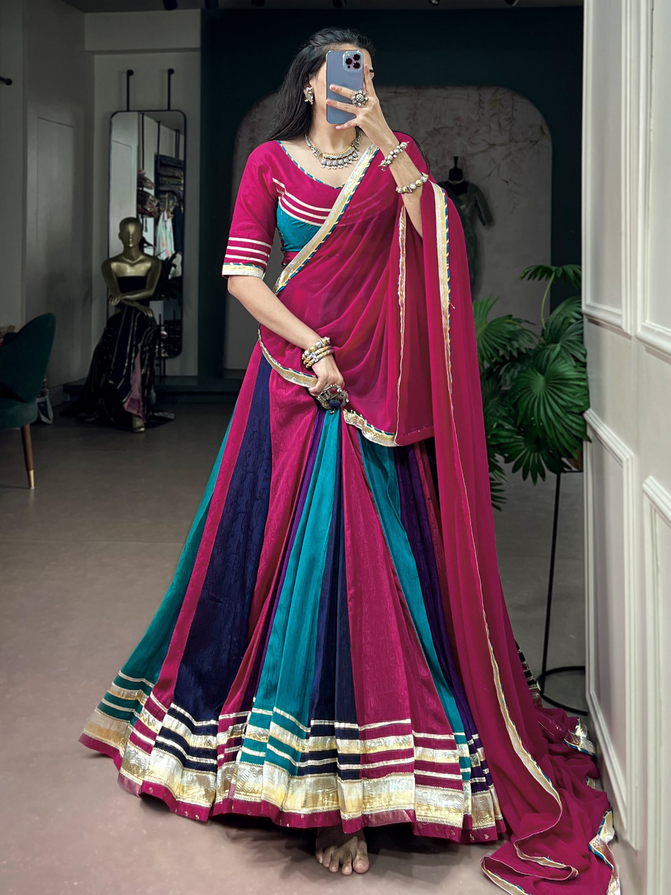 Alluring Multi Color Gota Laced Chinon Navratri Wear Lehenga Choli