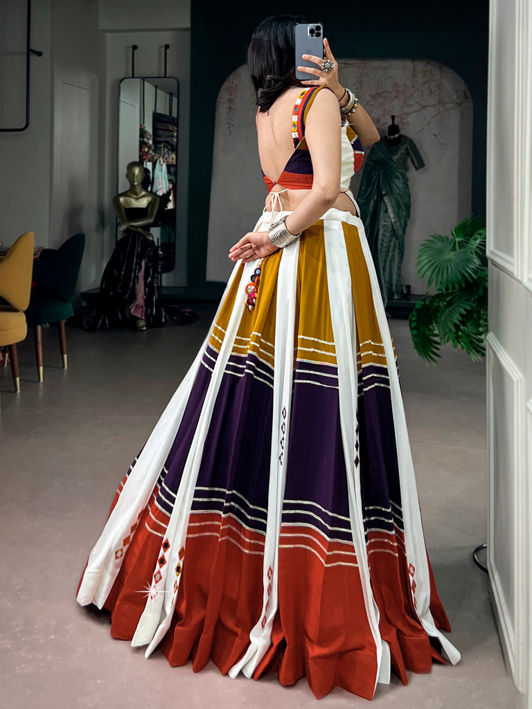 Striking White Mirror Work Rayon Navratri Special Lehenga Choli