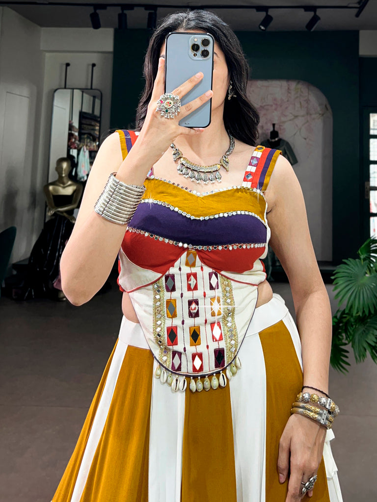 Striking White Mirror Work Rayon Navratri Special Lehenga Choli