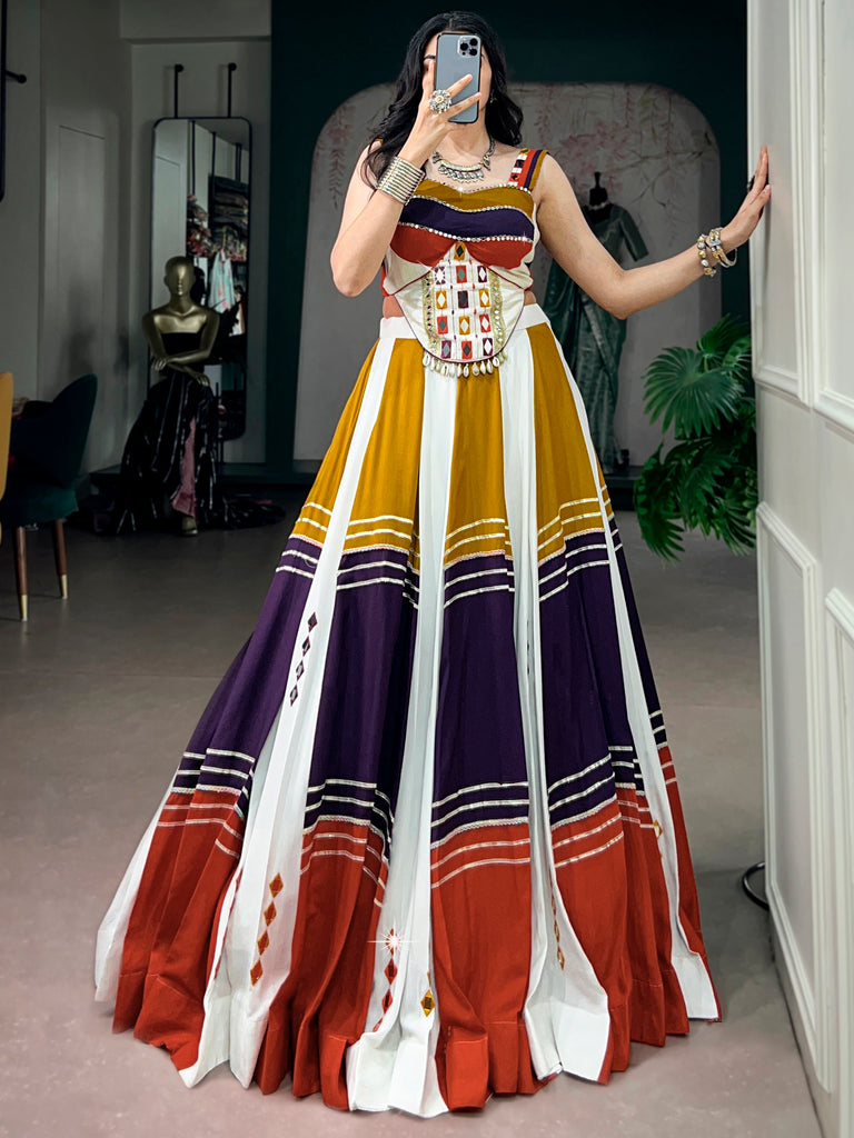 Striking White Mirror Work Rayon Navratri Special Lehenga Choli